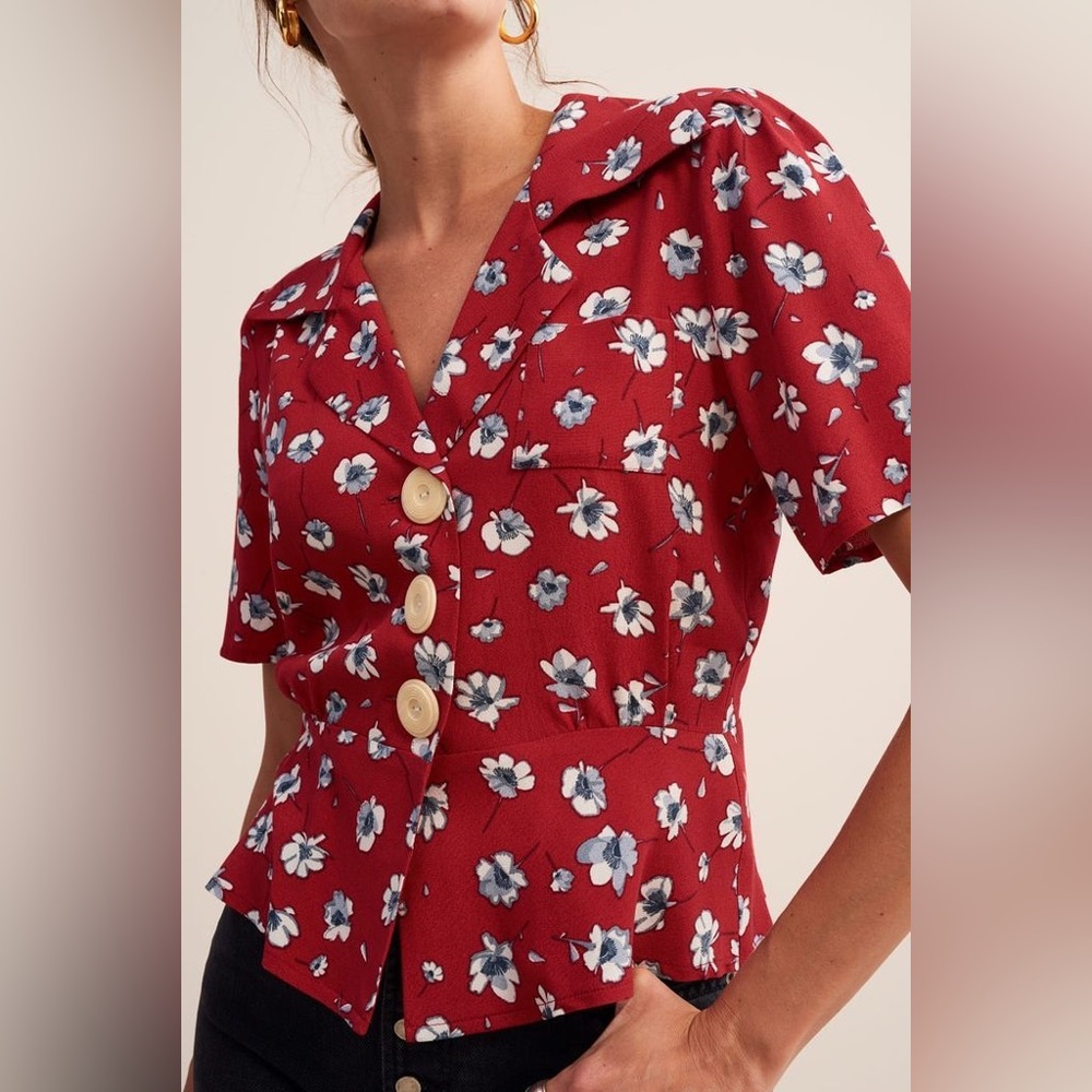 Rouje Jose Blouse Red Floral Print Size 34
